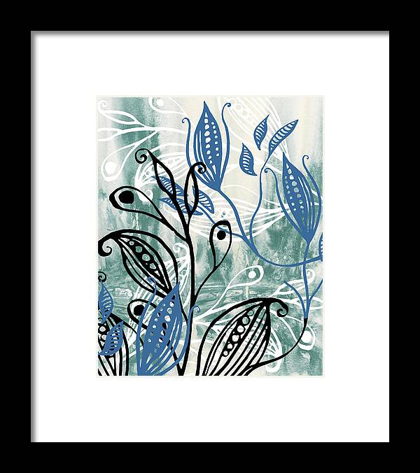 Pods Framed Print featuring the painting Elegant Pods And Seeds Pattern With Leaves Teal Blue Watercolor III by Irina Sztukowski