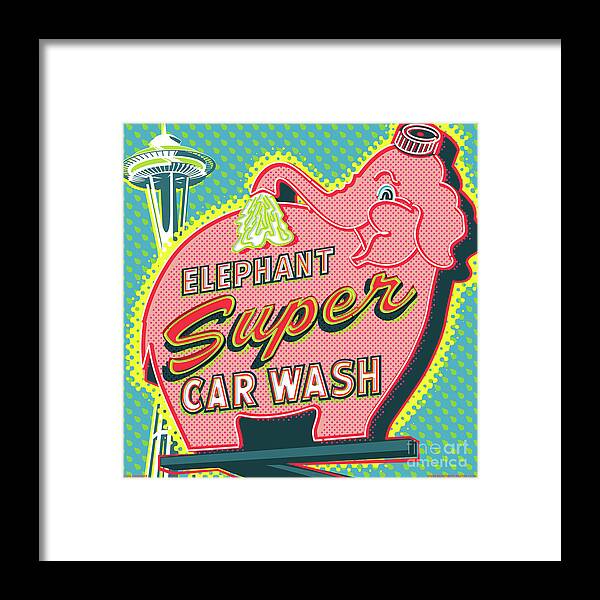 Pop Art Framed Print featuring the digital art Elephant Car Wash and Space Needle - Seattle by Jim Zahniser
