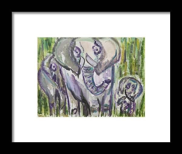 Elephants Framed Print featuring the painting Elephant family in abstract by Lisa Koyle
