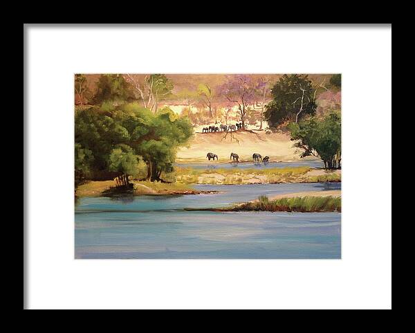 Water Framed Print featuring the painting Elephant Watering Hole by Judy Rixom