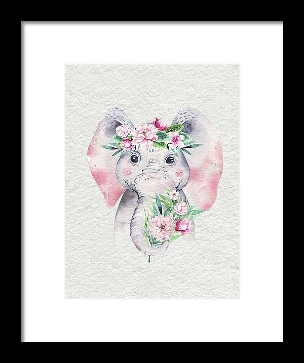 Elephant Framed Print featuring the painting Elephant With Flowers by Nursery Art