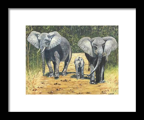 Elephant Framed Print featuring the painting Elephants with Calf by Caroline Street