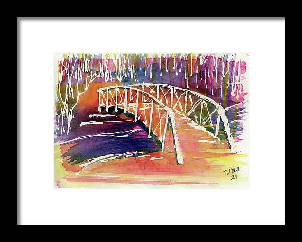 Winter Bridge Framed Print featuring the painting Elm Creek Bridge Orange by Tammy Nara