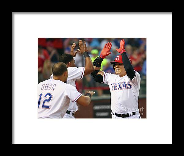 People Framed Print featuring the photograph Elvis Andrus, Shin-soo Choo, and Rougned Odor by Tom Pennington