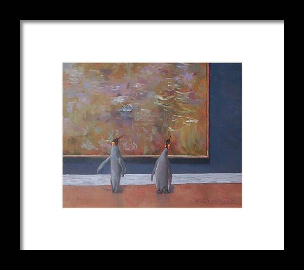 Emperor Penguins Framed Print featuring the painting Emperors Enjoy Monet by Marguerite Chadwick-Juner