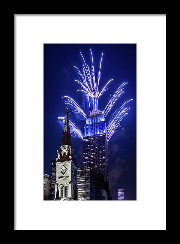 New York Framed Print featuring the photograph Empire State Building Fireworks by Michael Lee
