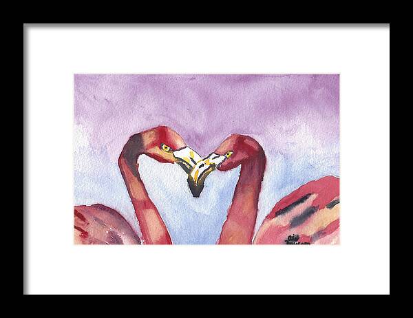 Flamingos Framed Print featuring the painting Enchanted Watercolor Painting of Two Flamingoes in Love by Ali Baucom