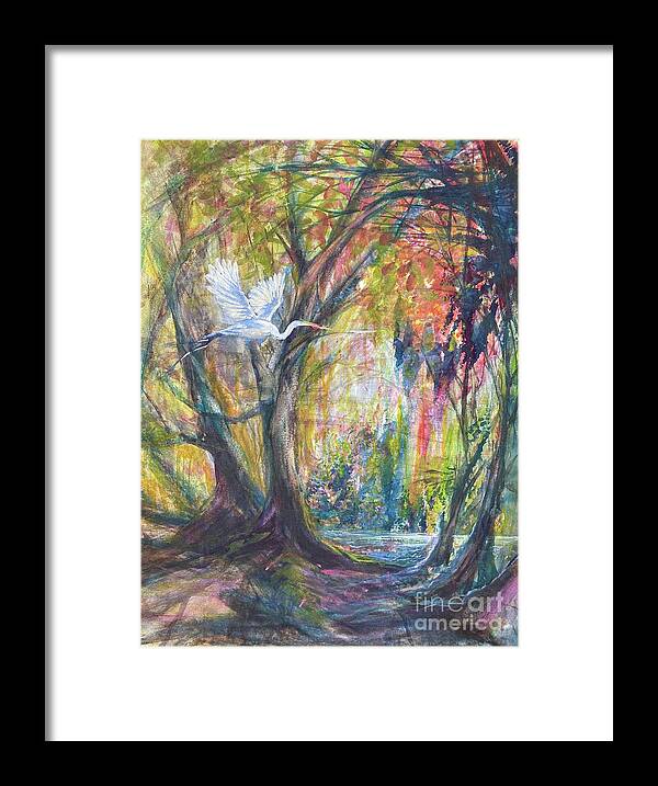 Heron Louisiana Landscape Bird Framed Print featuring the painting Enchanted flight by Francelle Theriot