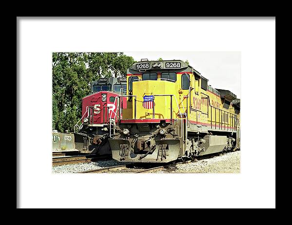 End Of An Era Framed Print featuring the photograph End of an Era -- Southern Pacific and Union Pacific Locomotives in San Luis Obispo, California by Darin Volpe