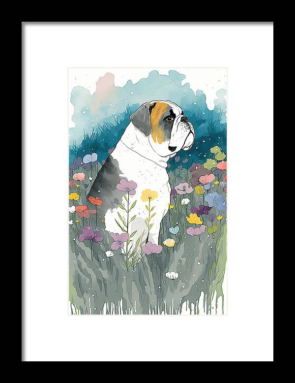 English Bulldog Framed Print featuring the digital art English Bulldog in flower field 3 by Debbie Brown
