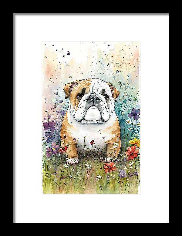English Bulldog Framed Print featuring the digital art English Bulldog in flower field by Debbie Brown