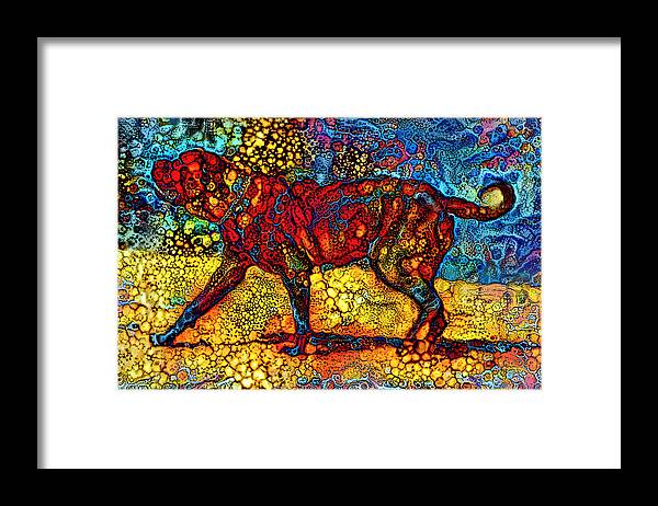 English Mastiff Framed Print featuring the digital art English Mastiff waiting for a treat - colorful abstract painting in blue, yellow and red by Nicko Prints