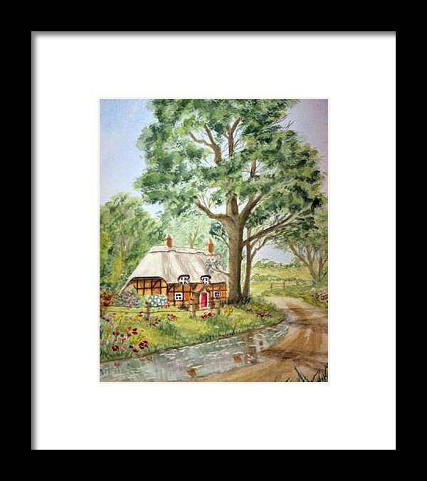 Cottage Framed Print featuring the painting English Thatched Roof Cottage by Kelly Mills