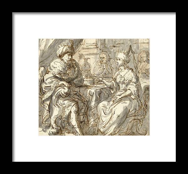 Zacharias Blijhooft Framed Print featuring the drawing Esther's Banquet by Zacharias Blijhooft
