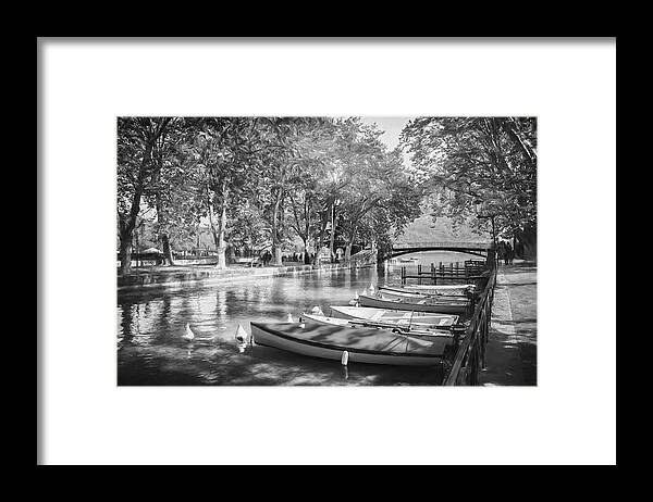 Annecy Framed Print featuring the photograph European Canal Scenes Annecy France Black and White by Carol Japp