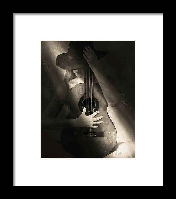 Guitar Framed Print featuring the digital art Even Cowgirls Get the Blues - Golden Light by Nikki Marie Smith