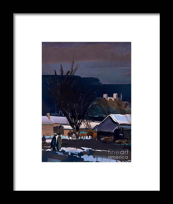 Nature Framed Print featuring the painting evening time Painting nature landscape gouache paper blue folk the mountains horse buy expensive village talent architecture background balearic beach beautiful big capital castle cathedral city by N Akkash