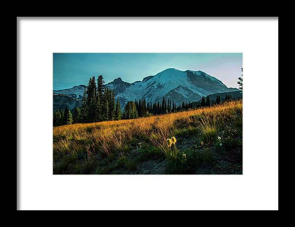 Mount Rainier National Park Framed Print featuring the photograph Evening's Early Glow by Doug Scrima