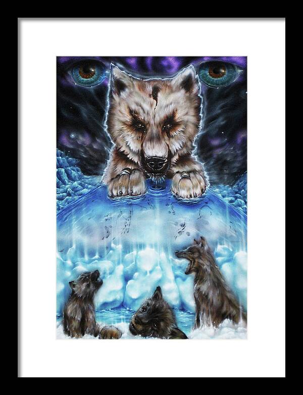Arctic Wolves Pups Mother Earth Fight Climate Change Evolution Framed Print featuring the painting Evolution by Joel Salinas III