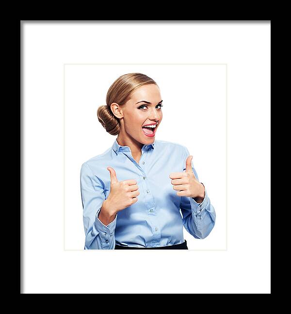 Corporate Business Framed Print featuring the photograph Excited businesswoman with thumbs up by Izusek