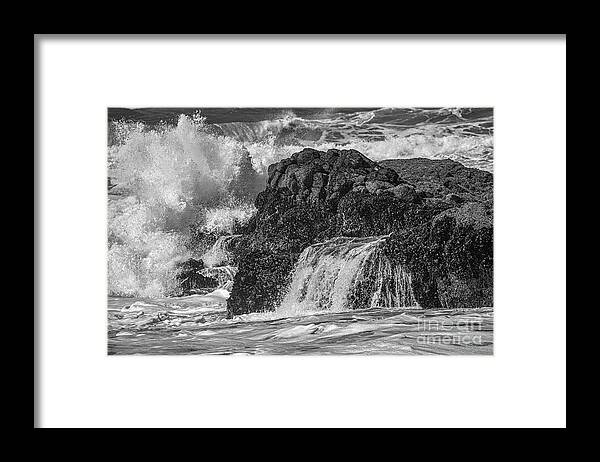 Explosive Waves Framed Print featuring the photograph Explosive Waves, Power, Black and White, Ocean, Sea, by David Millenheft