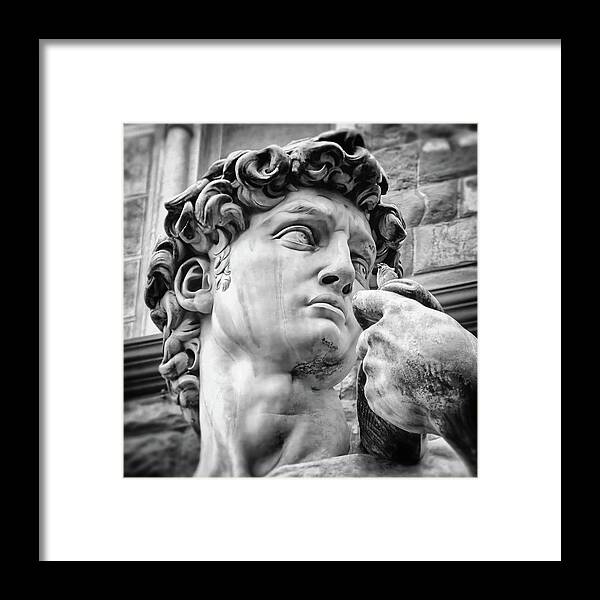 David Framed Print featuring the photograph Face Detail of David by Michelangelo Florence Black and White by Carol Japp