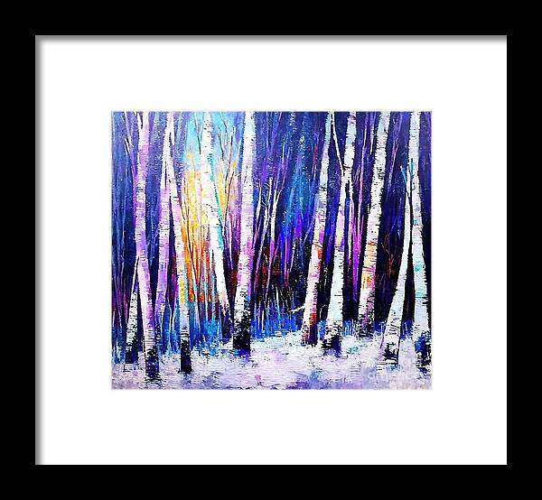  Framed Print featuring the painting FAIRY FOREST Painting colorful trees spring forest spring colours colors of spring birch and aspen pink and green rainbow landscape morning forest spring woodland blue and orange purple and pink by N Akkash