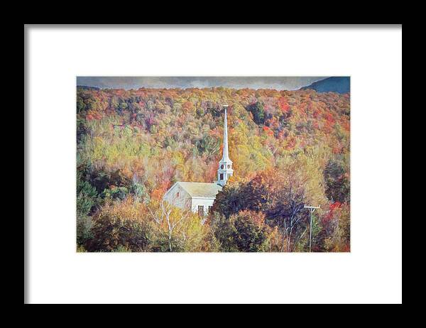 Fall Colors Framed Print featuring the photograph Fall Colors surround Vermont Church by Jeff Folger