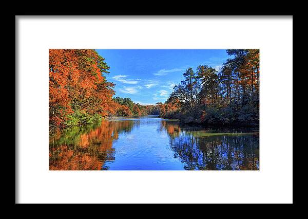 Autumn Framed Print featuring the photograph Fall Reflections in Mariners Lake in Newport News Virginia by Ola Allen