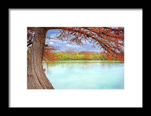 Texas Hill Country Framed Print featuring the photograph Fall's Touch at Kerrville Lake by Lynn Bauer