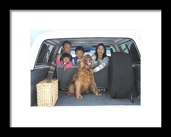 Blouse Framed Print featuring the photograph Family of four and dog in back of car, portrait, view through boot by Kei Uesugi