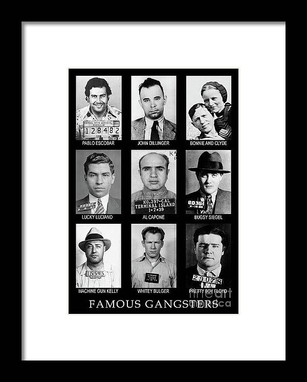 Gangsters Framed Print featuring the photograph Famous gangsters, public enemies collage by Best of Vintage