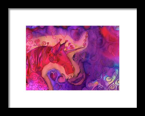 Unicorn Framed Print featuring the painting Fanciful Love Unicorn by Sandy Rakowitz