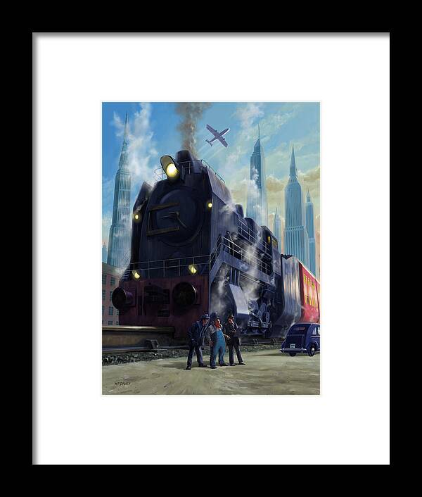 Train Framed Print featuring the digital art Fantasy big railroad locomotive departing city by Martin Davey