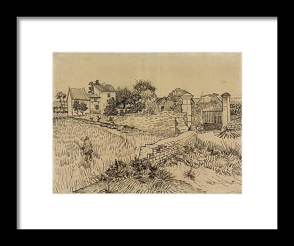 Vincent Van Gogh Framed Print featuring the drawing Farm in Provence by Vincent van Gogh