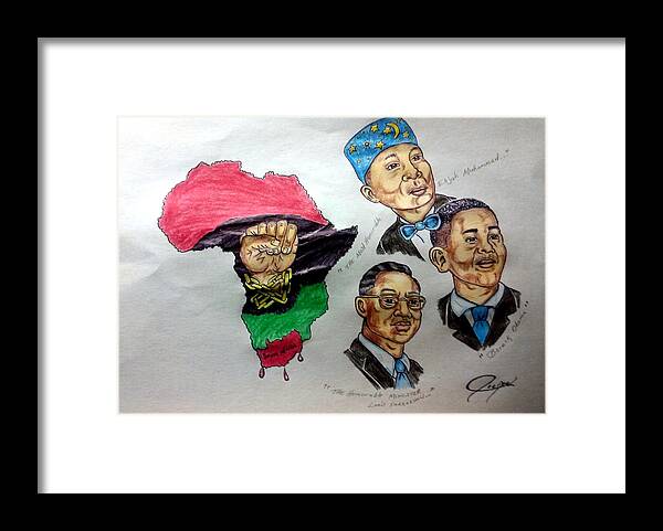 The Most Honorable Elijah Muhammad Framed Print featuring the drawing Farrakhan, Elijah Muhammad, and President Obama by Joedee