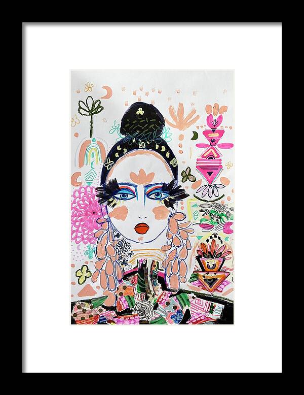 Abstract Face Art Framed Print featuring the mixed media Fashion Girl in Pink by Rosalina Bojadschijew