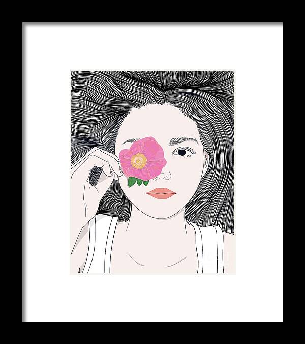 Graphic Framed Print featuring the digital art Fashion Girl With Long Hair And A Flower - Line Art Graphic Illustration Artwork by Sambel Pedes