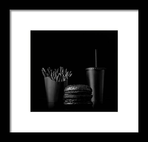 Unhealthy Eating Framed Print featuring the photograph Fast food meal on black backdrop by Henrik Sorensen