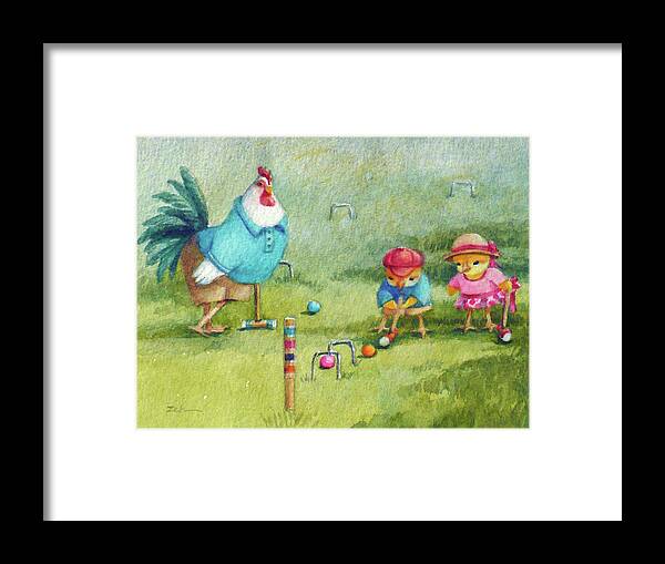 Rooster Framed Print featuring the painting Father's Day Croquet by Janet Zeh
