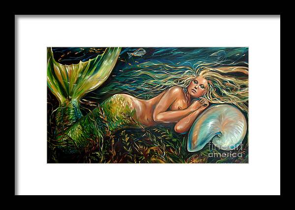 Mermaid Framed Print featuring the painting Favorite Nautilus Shell by Linda Olsen