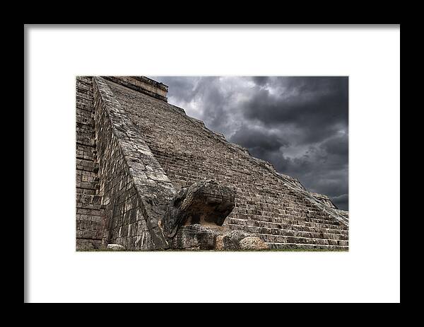 Chichen Itza Framed Print featuring the photograph Feathered Serpent at Chichen Itza Temple of Kulkulcan pyramid world heritage site by Peter Herman