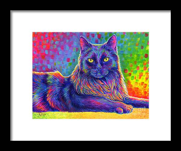Cat Framed Print featuring the painting Psychedelic Rainbow Black Cat - Felix by Rebecca Wang