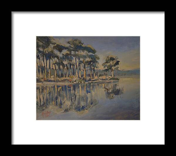 Fen Framed Print featuring the painting Fen with pine trees by Nop Briex