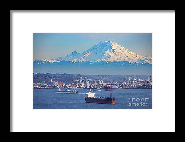 America Framed Print featuring the photograph Ferries and ships in Seattle harbor by Inge Johnsson