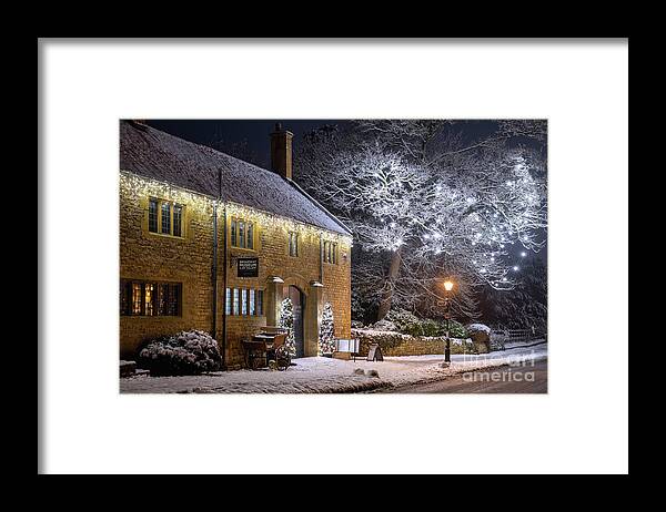 Broadway Framed Print featuring the photograph Festive Snowy Broadway Village at Night by Tim Gainey