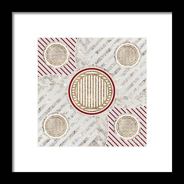 Abstract Framed Print featuring the mixed media Festive Sparkly Geometric Glyph Art in Red Silver and Gold n.0097 by Holy Rock Design