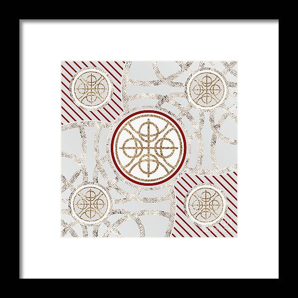 Abstract Framed Print featuring the mixed media Festive Sparkly Geometric Glyph Art in Red Silver and Gold n.0292 by Holy Rock Design