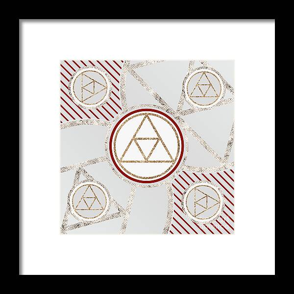 Abstract Framed Print featuring the mixed media Festive Sparkly Geometric Glyph Art in Red Silver and Gold n.0322 by Holy Rock Design