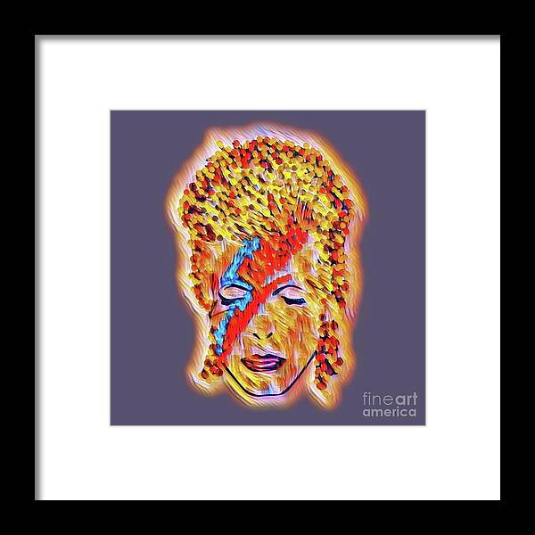 David Bowie Rock Star Celebrity Concert Music Pillow Cushion Portrait Abstract Framed Print featuring the digital art Fiery Glow David Bowie by Bradley Boug